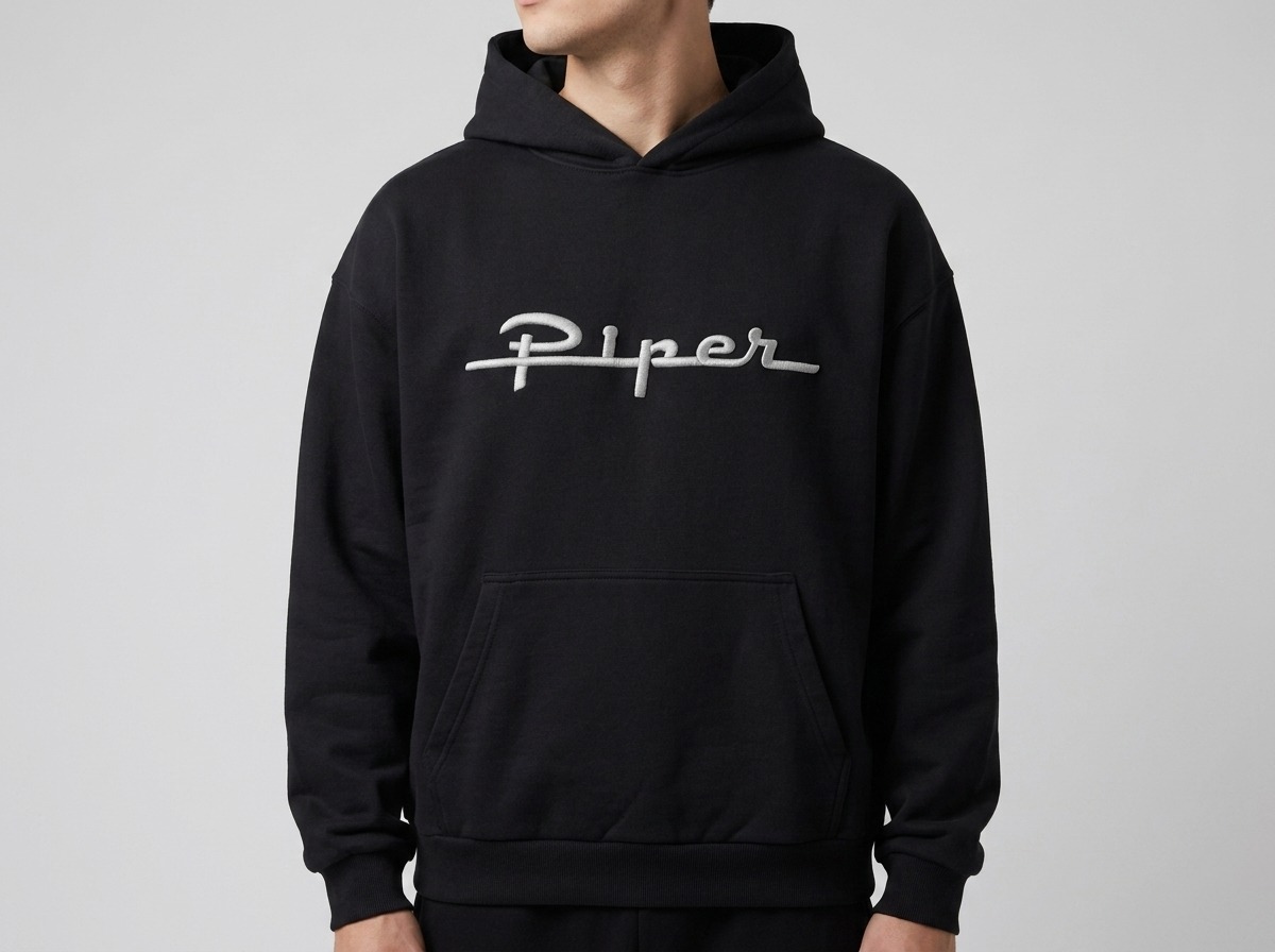 Person wearing a black Ultra Heavy Cotton Box Hoody (BY162) with the Piper logo embroidered centrally on the chest (3D embroidery, approx. 25 cm wide) – employee hoodie for Piper Deutschland AG, decorated by Stoff³ Kassel