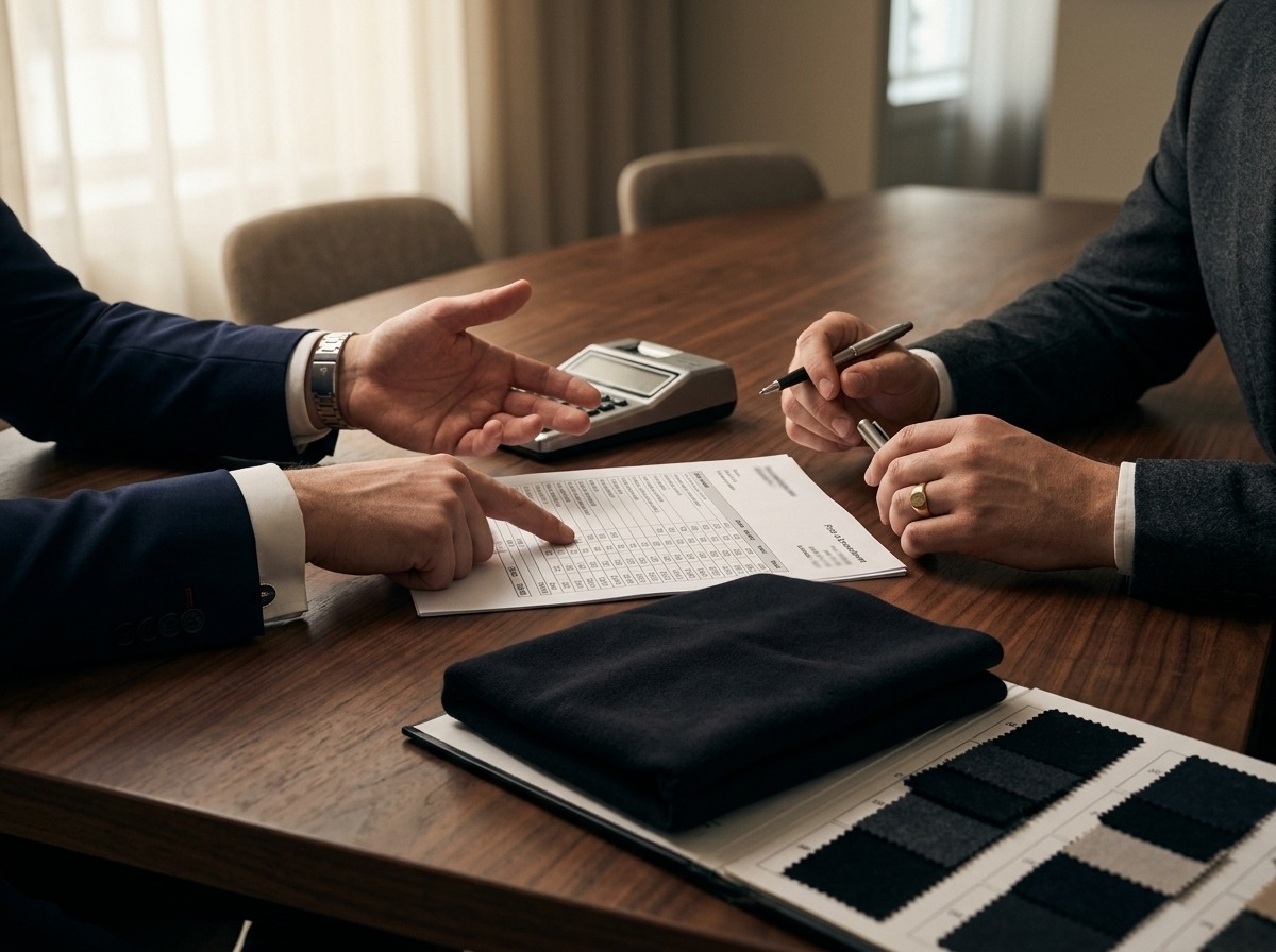 Business people negotiating at a table over fabric samples, a price list and a calculation – symbolising the price negotiation with our producers