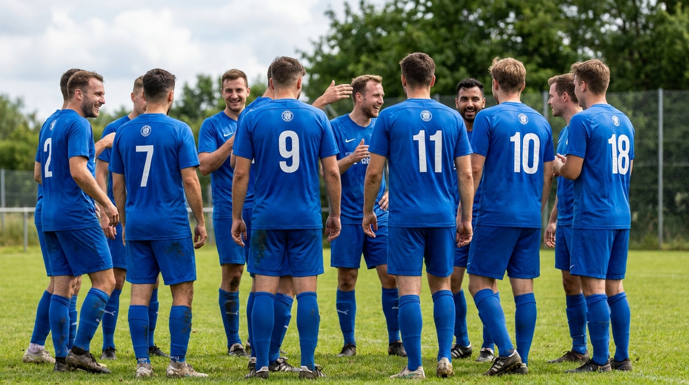 Fußballteam in blauen Trikots mit Rückennummern – beflockt und bedruckt von Stoff³ Kassel
