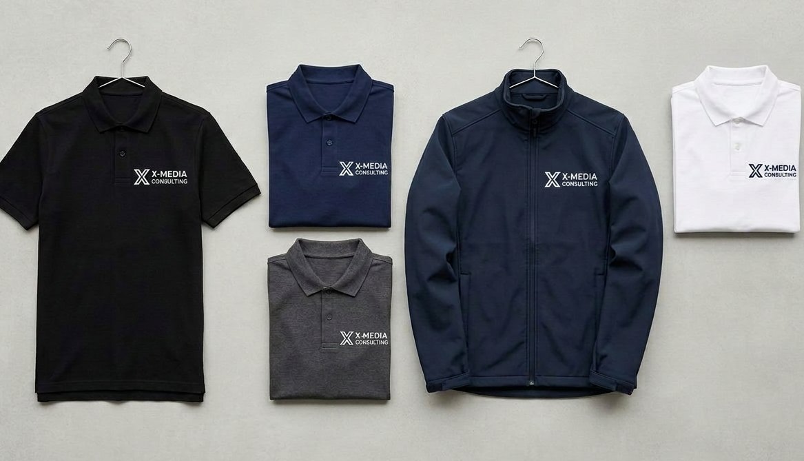 Polo shirts in black, navy, grey and white plus a softshell jacket with an embroidered sample company logo – corporate apparel by Stoff³