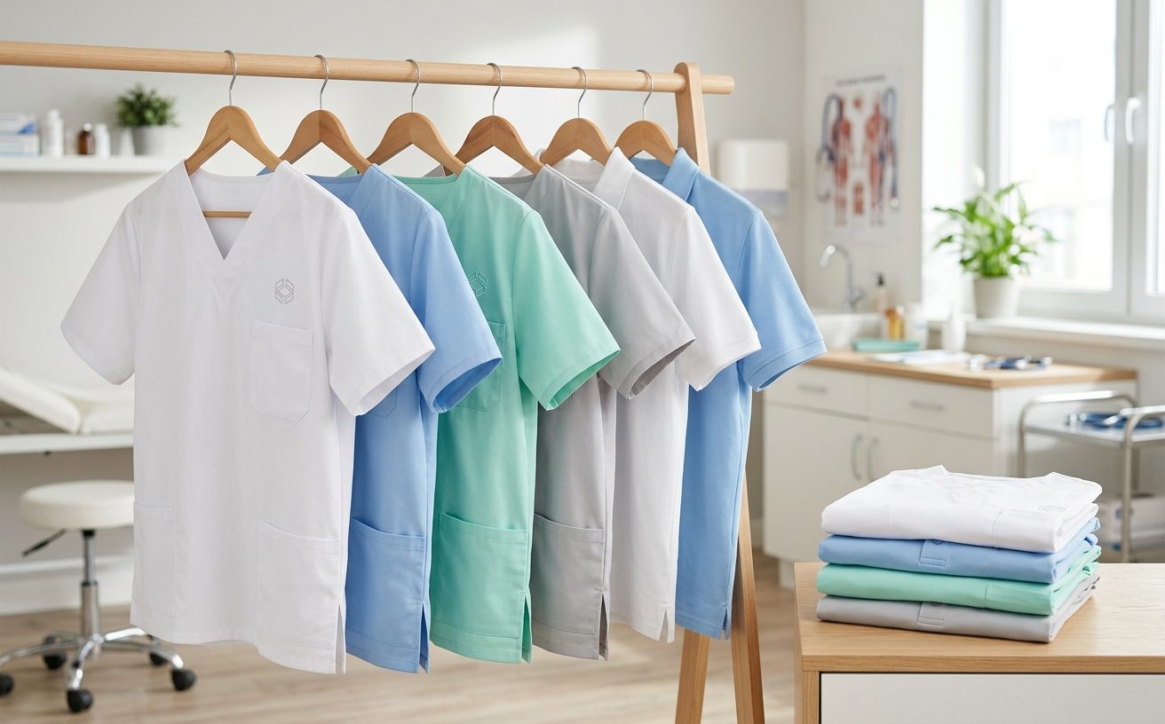 Scrub tops in white, light blue, mint green and grey on a clothes rack in a bright medical practice – example of healthcare apparel by Stoff³
