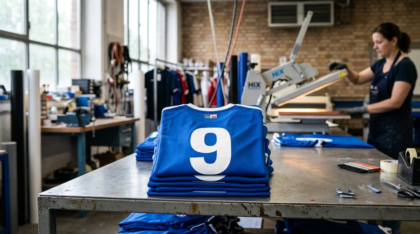 Stack of folded blue jerseys with white back numbers next to the transfer press – team outfitting by Stoff³ Kassel