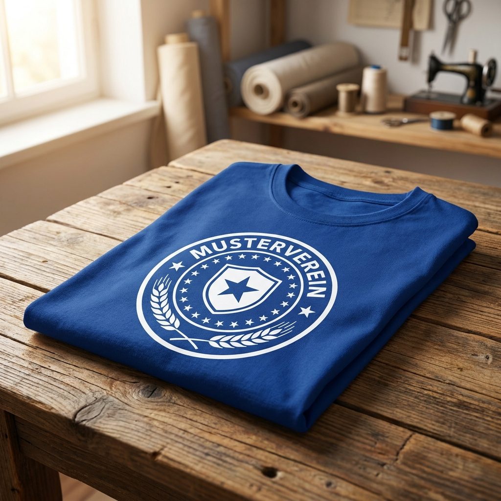 Blue club T-shirt with a freshly printed round club crest – team apparel by Stoff³ Kassel