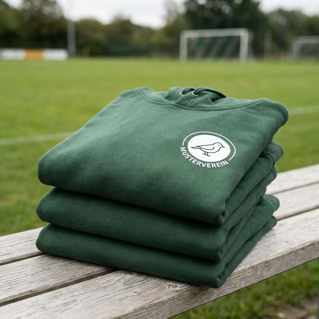Stacked green team hoodies with a printed club crest on a bench at the sports ground – Stoff³ Kassel
