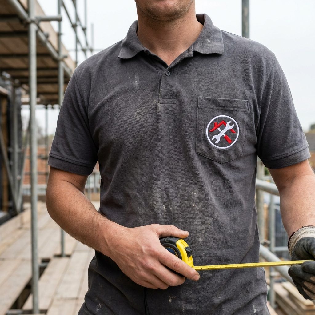 Tradesman on a construction site in a grey polo shirt with an embroidered company logo – workwear by Stoff³ Kassel