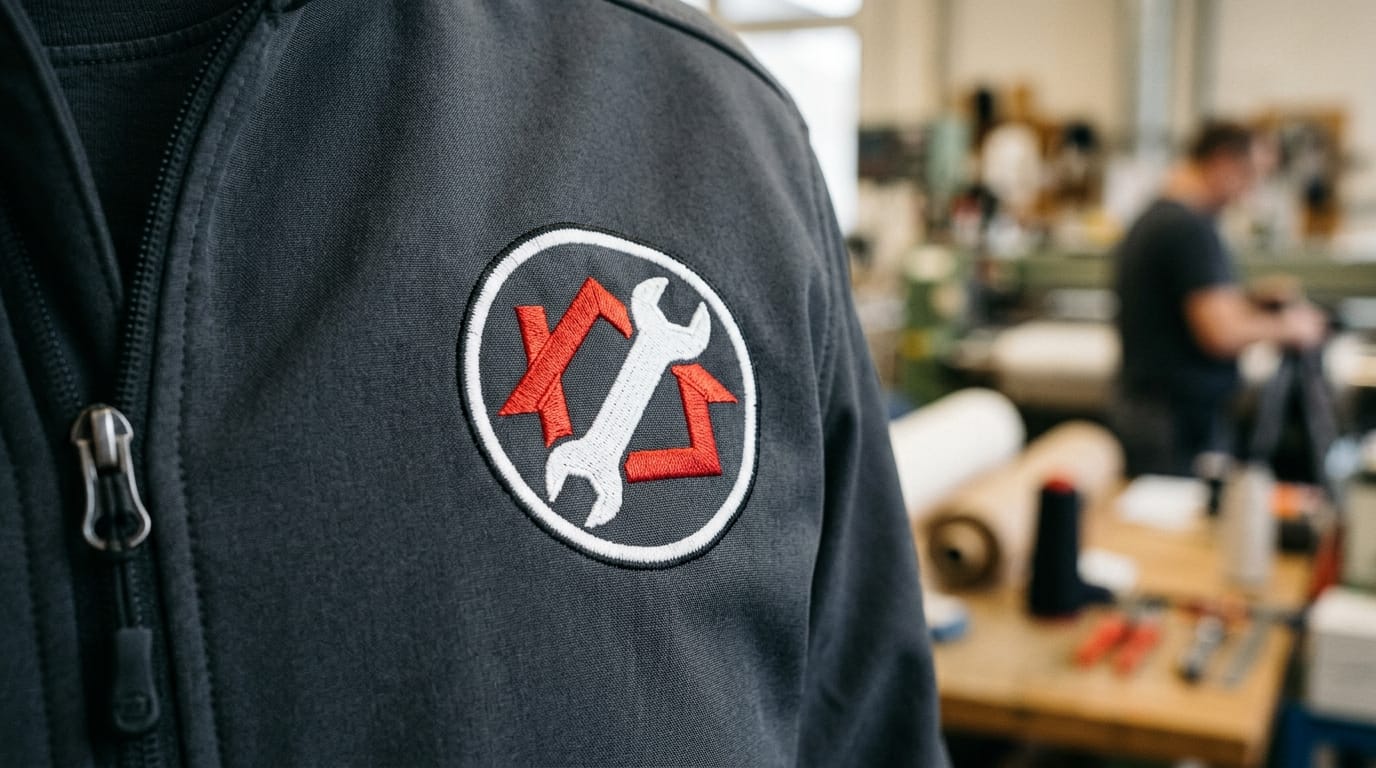 Embroidered company logo in close-up on a grey softshell work jacket – embroidery by Stoff³ Kassel