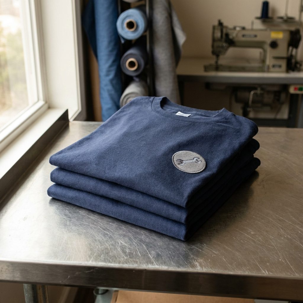 Stacked navy work T-shirts with an embroidered logo in the workshop – workwear by Stoff³ Kassel